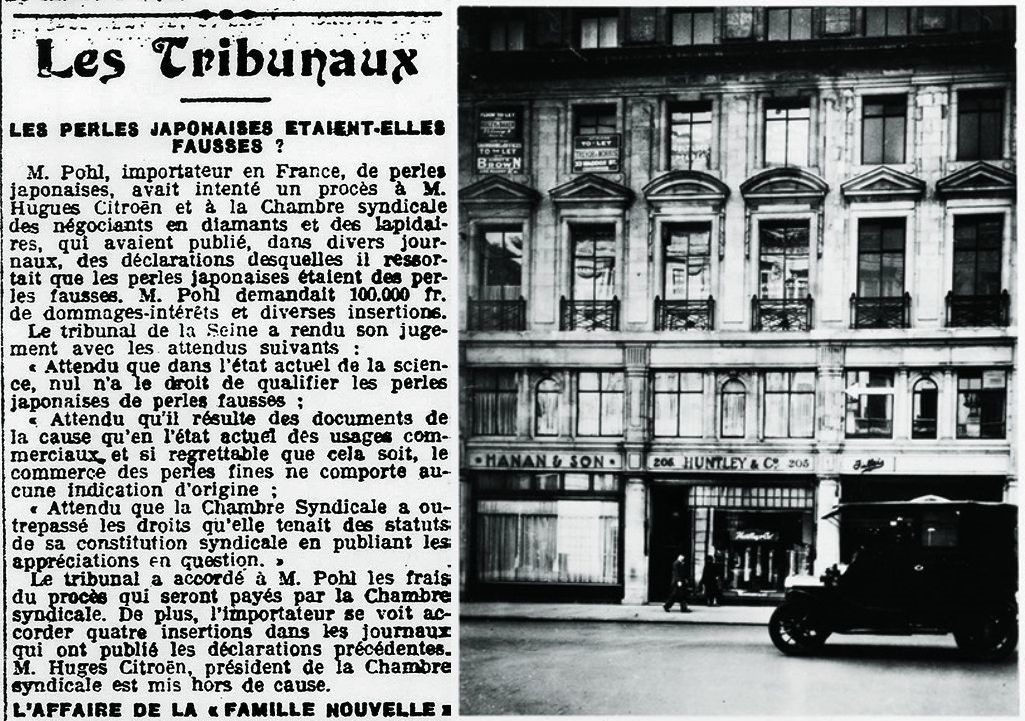 ロンドンの支店。左/真珠裁判の「ミキモト勝訴」を伝える新聞